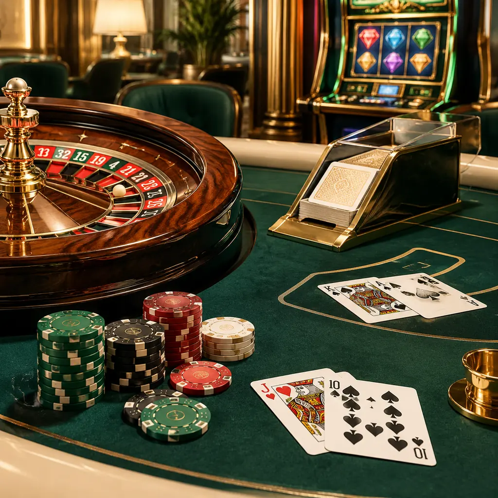 Meja kasino dengan kartu, chip dan roda roulette