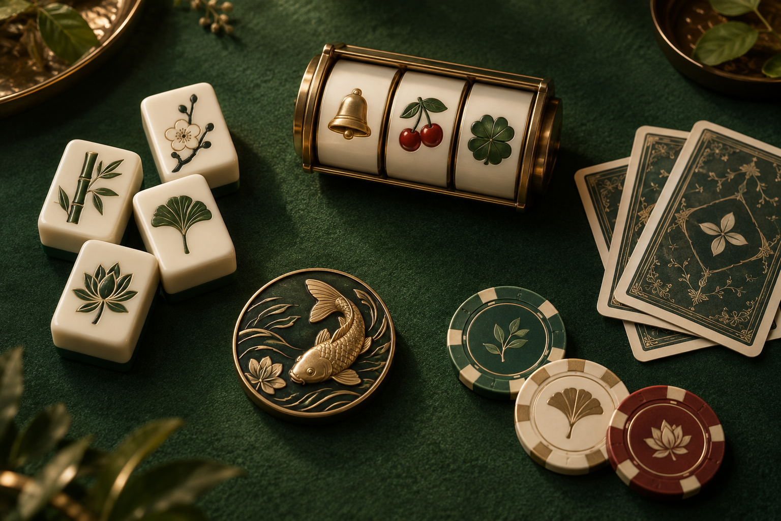 Ilustrasi katalog kasino dengan gulungan slot, ubin mahjong, kartu dan chip