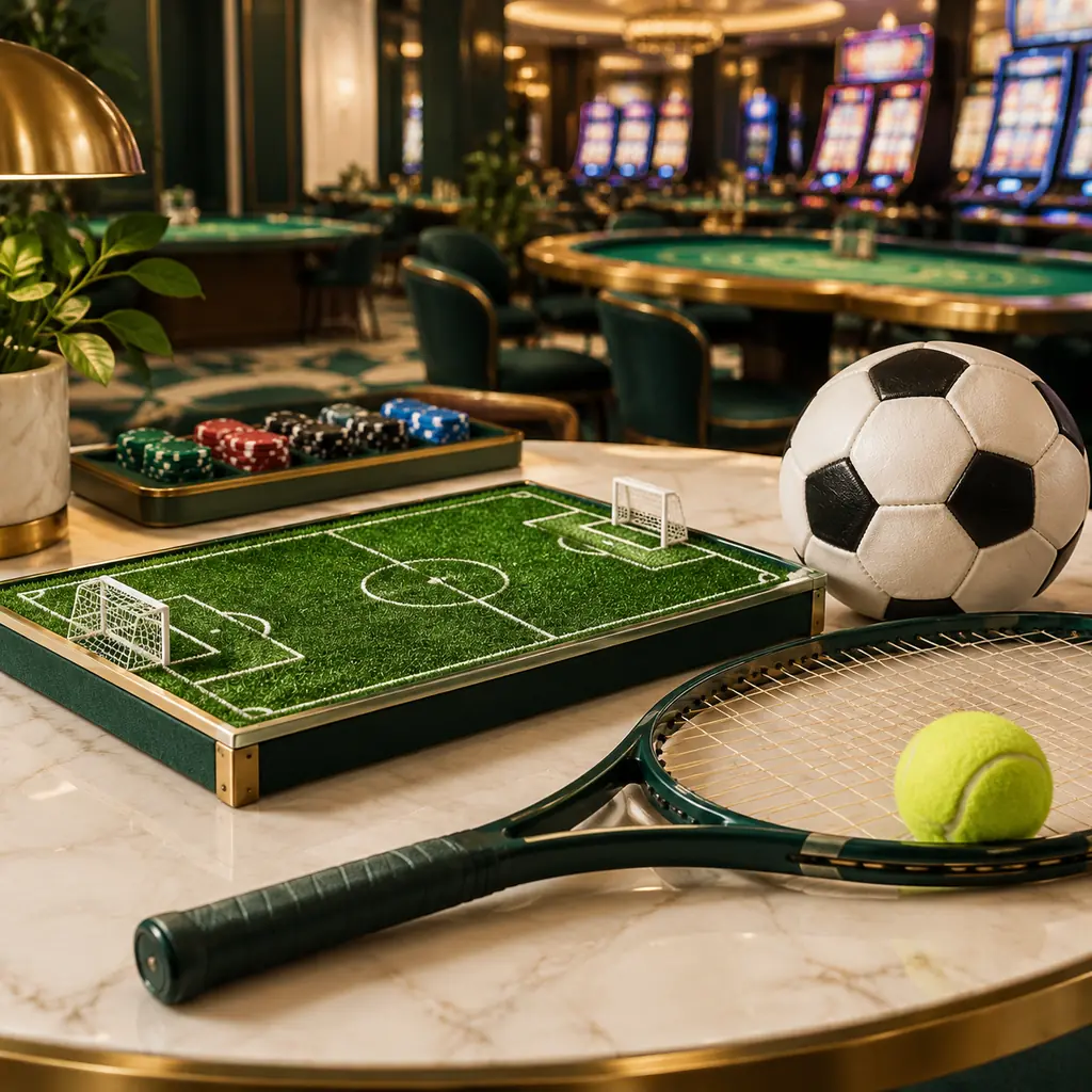 Miniatur lapangan sepak bola dan perlengkapan tenis di ruang kasino