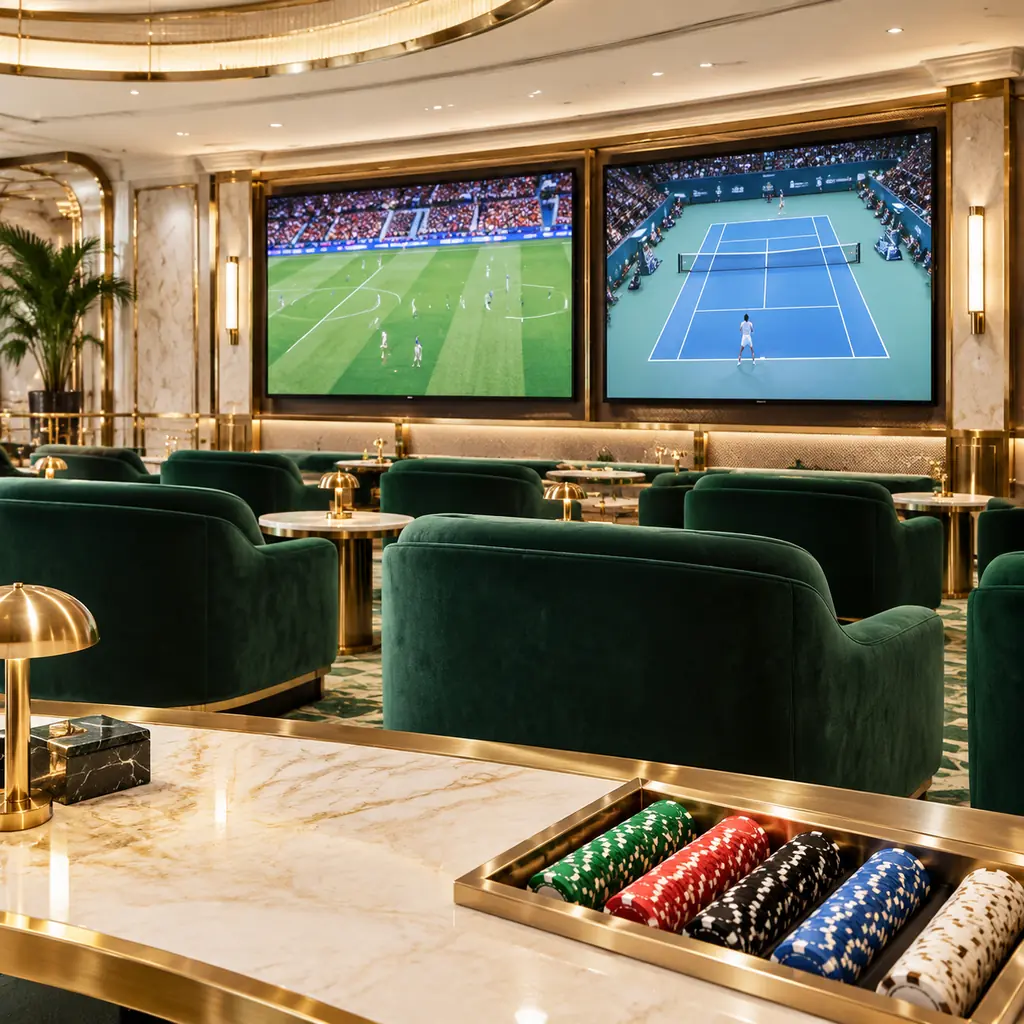 Layar lapangan sepak bola dan tenis di ruang sportsbook